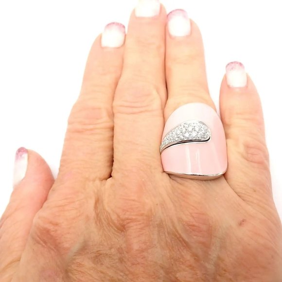 Rare Roberto Coin 18KT White Gold Pink Enamel Ring 37 Diamonds Statement… - Picture 1 of 9